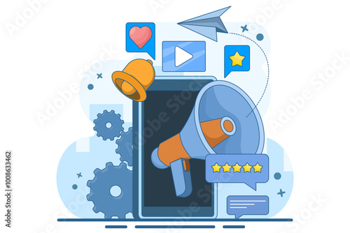 Social network promotion concept. Social media marketing, digital promotion campaign, web analytics, SMM strategy, chatbot, video broadcast, stories. Like comment share give. Flat vector illustration.
