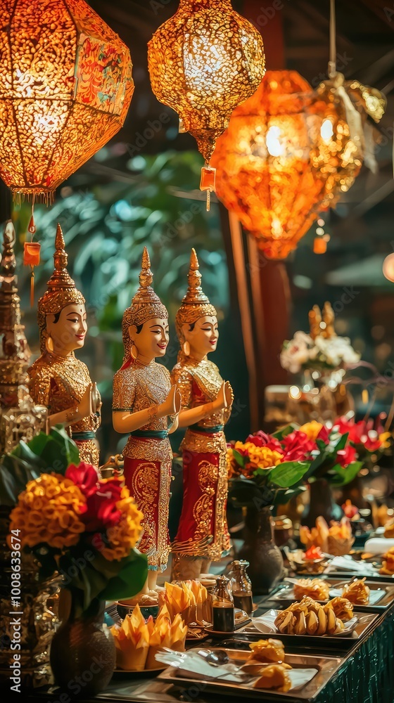 Fototapeta premium A beautifully arranged table featuring traditional decorations, golden statues, and vibrant flowers, illuminated by ambient lanterns.