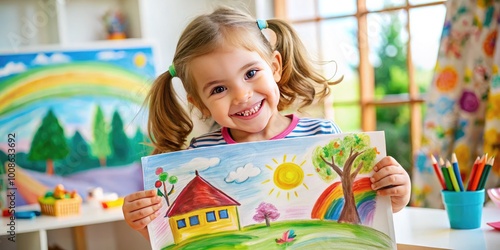 Niño comparte un dibujo colorido y feliz que refleja su creatividad y alegría infantil en el arte photo