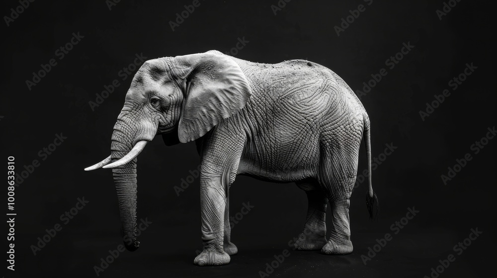 Fototapeta premium Elephant on black, fine art B&W isolated on white background, studio photography, png 