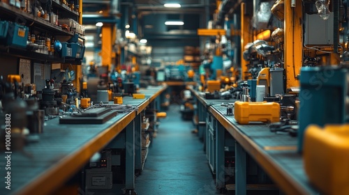 Industrial Workshop with Tools and Machines on Workbenches