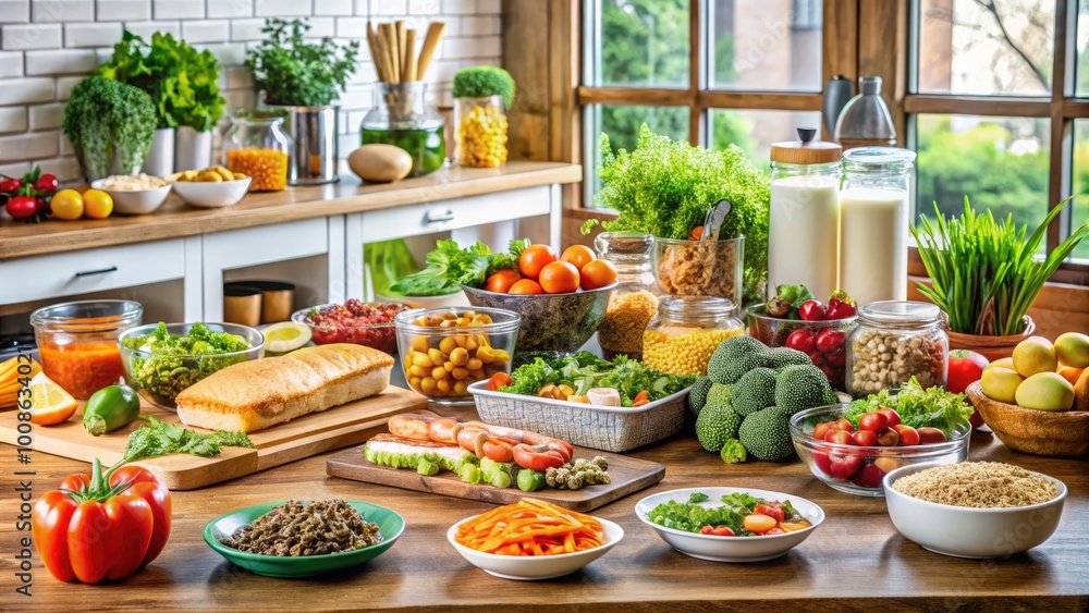 Nutritious Protein Sources in a Home Kitchen Setting with Fresh Ingredients and Meal Prep Essentials Nutritious Protein Sources in a Home Kitchen Setting with Fresh Ingredients and Meal Prep Essentials
