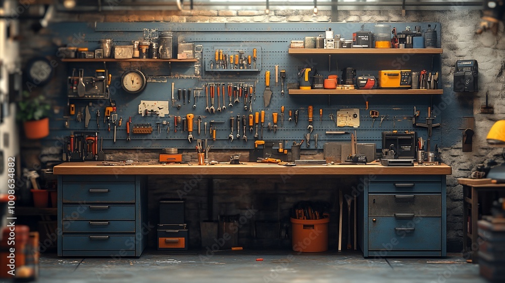 A well-organized workshop with a workbench and various tools hanging on the walls. A well-organized workshop with a workbench and various tools hanging on the walls.