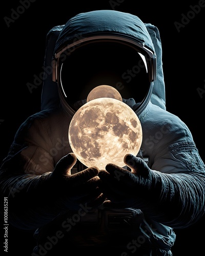 Astronaut holding the moon, black background
