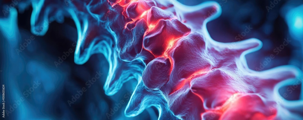 Vibrant close-up of a human spine showcasing intricate details with glowing blue and red hues, representing health and anatomy. Vibrant close-up of a human spine showcasing intricate details with glowing blue and red hues, representing health and anatomy.