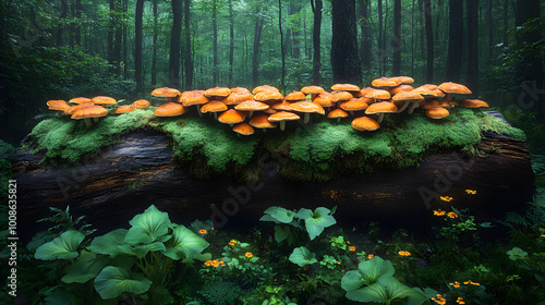 Moss and Mushrooms on Tree Trunk