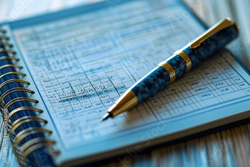Elegant blue pen resting on a spiral notebook featuring tabular data