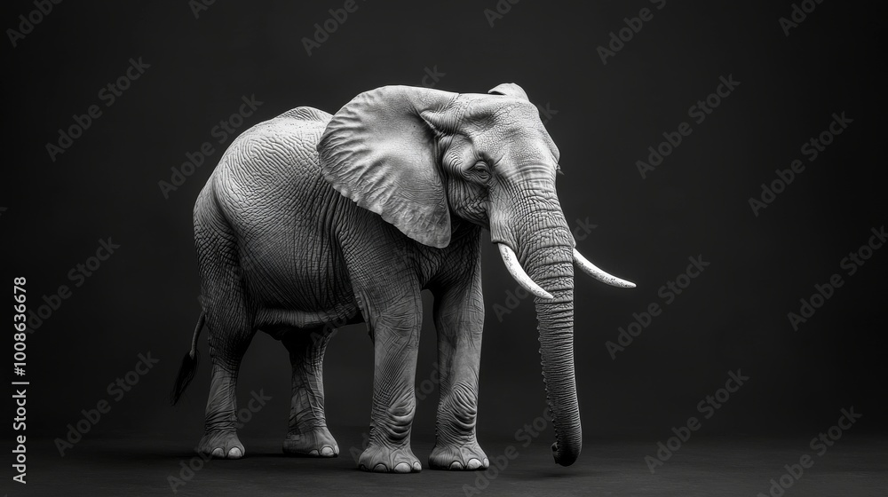 Fototapeta premium Elephant on black, fine art B&W isolated on white background, studio photography, png 