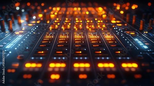 Close up of a sound mixing console with glowing buttons.