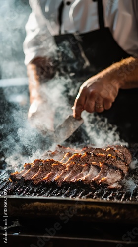 A chef skillfully slices smoked meat on a grill, surrounded by aromatic steam, capturing the essence of culinary artistry. photo