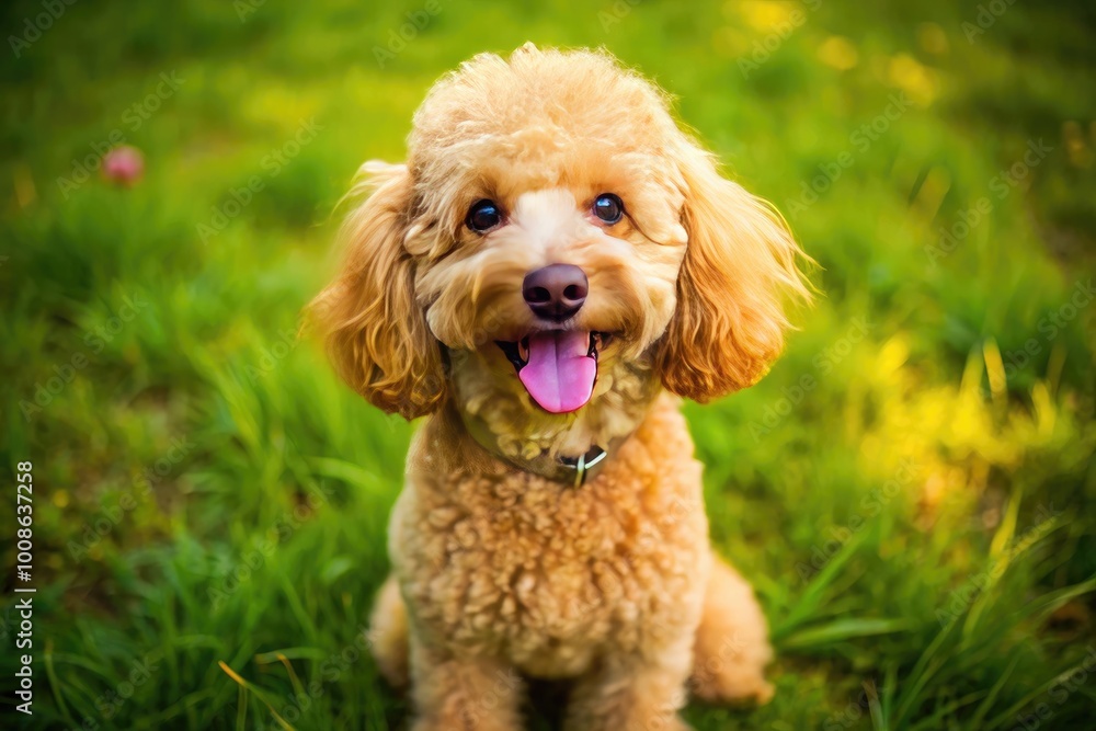 Playful apricot poodle sitting on the grass with a joyful expression and a sunny background outdoors Playful apricot poodle sitting on the grass with a joyful expression and a sunny background outdoors