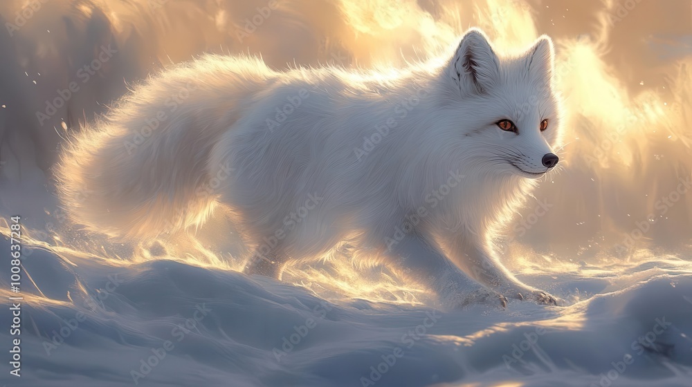Fototapeta premium arctic fox stealthily prowling across a snowy landscape its fluffy white fur blending seamlessly with the icy terrain capturing the essence of survival in a harsh environment