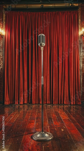 A classic microphone stands on a stage with rich red curtains, ready for a performance. The setting evokes nostalgia and anticipation. photo