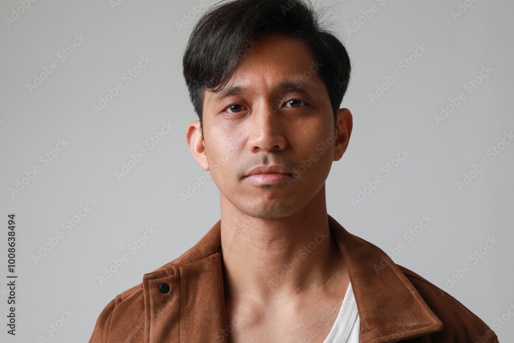 Obraz premium Portrait of serious asian man posing over white background looking at the camera.