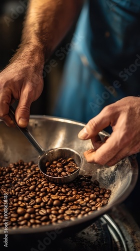 A close-up of hands measuring roasted coffee beans in a bowl, showcasing the artistry of coffee preparation and brewing.