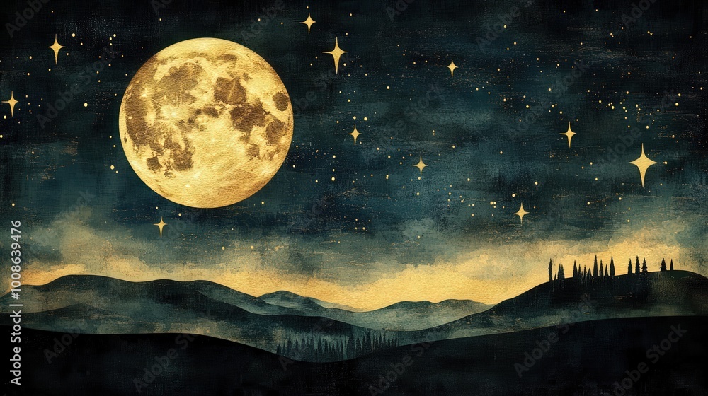 Fototapeta premium Majestic Moonrise Over Quiet Landscape at Night