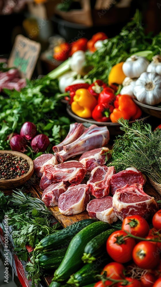 A colorful display of fresh vegetables and premium meat cuts at a local market, showcasing vibrant produce and quality ingredients. A colorful display of fresh vegetables and premium meat cuts at a local market, showcasing vibrant produce and quality ingredients.
