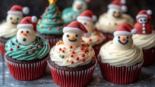 Christmas Cupcakes, Festive Treats with Snowman and Tree Decorations