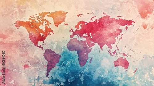 A colorful watercolor world map, blending vibrant hues in creative design, perfect for art, travel, and educational themes.