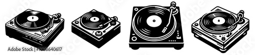 detailed sketches of turntables playing vinyl records black vector