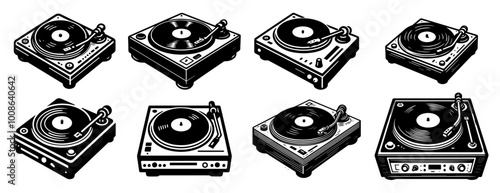 retro vinyl players hand-drawn with musical elements black vector