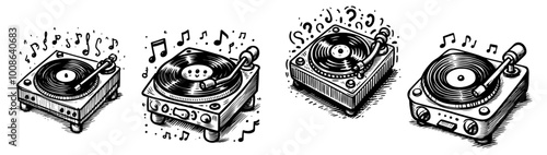 retro vinyl turntable illustrations with music elements black vector
