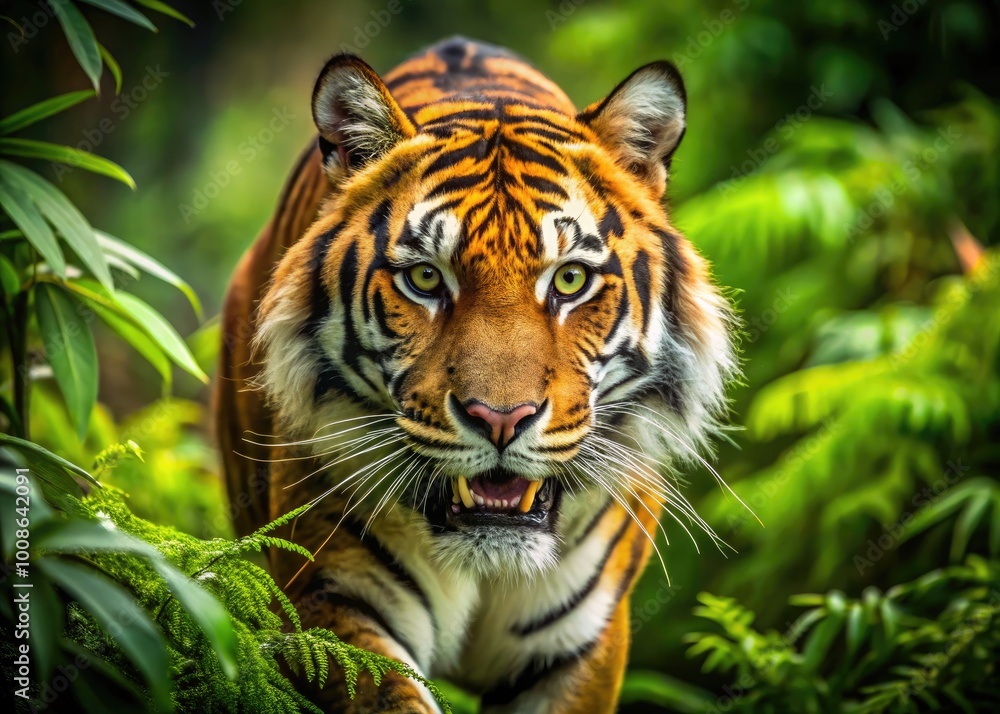 Fototapeta premium Powerful Saber-Tooth Tiger in Natural Habitat Roaming Through Lush Green Forest Environment