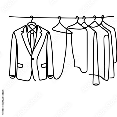 Linear vector drawing of a hanger with a jacket and other clothes