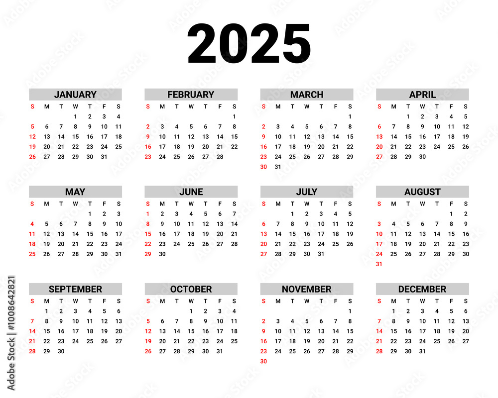 Vector illustration of 2025 Calendar template Vector illustration of 2025 Calendar template