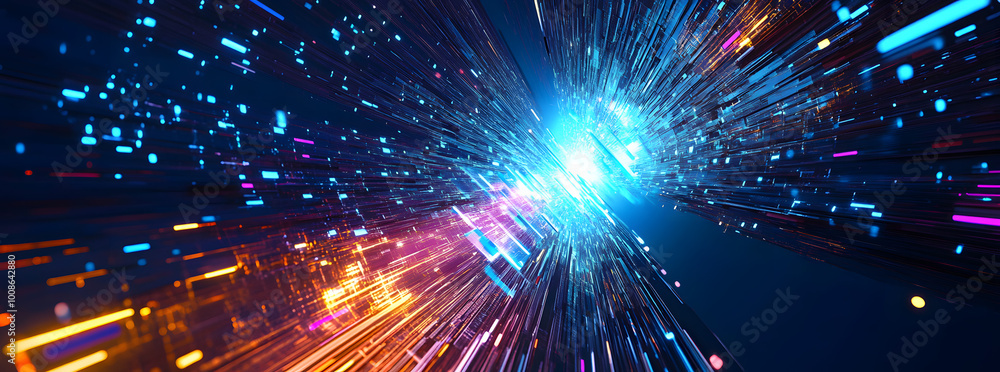 Fototapeta premium Futuristic data stream 3d illustration. Data transfer technology. Cyberpunk, Big data and cybersecurity. Cyberspace, blockchain transactions. Abstract technological background