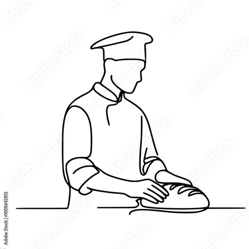 A chef in a uniform kneads dough on a work surface, concentrating on his work in a minimalist style, one line vector outline drawing