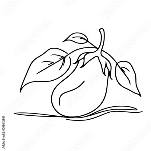 Linear vector contour drawing of an eggplant with leaves and stalk lying on the surface