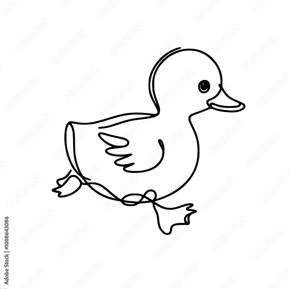 Linear contour vector simple drawing of a running cute duckling Linear contour vector simple drawing of a running cute duckling