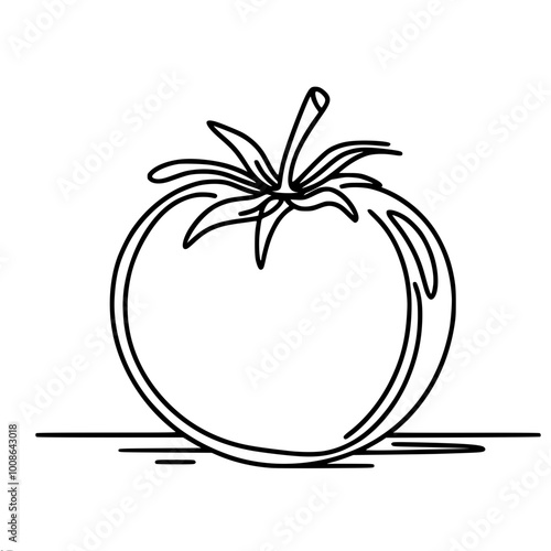 Linear vector contour drawing of a tomato with a stalk lying on a surface