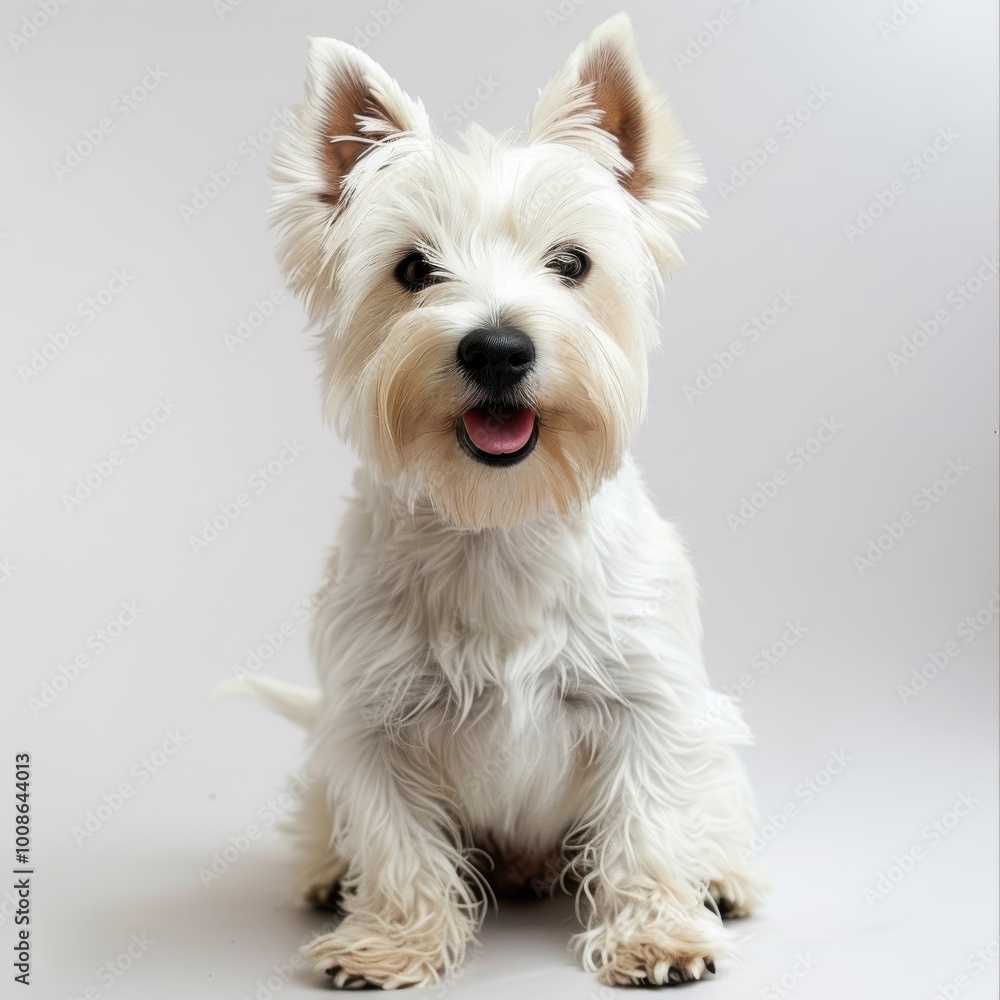 A delightful West Highland White Terrier rests comfortably, embodying cuteness and loyalty against a pale backdrop. A delightful West Highland White Terrier rests comfortably, embodying cuteness and loyalty against a pale backdrop.