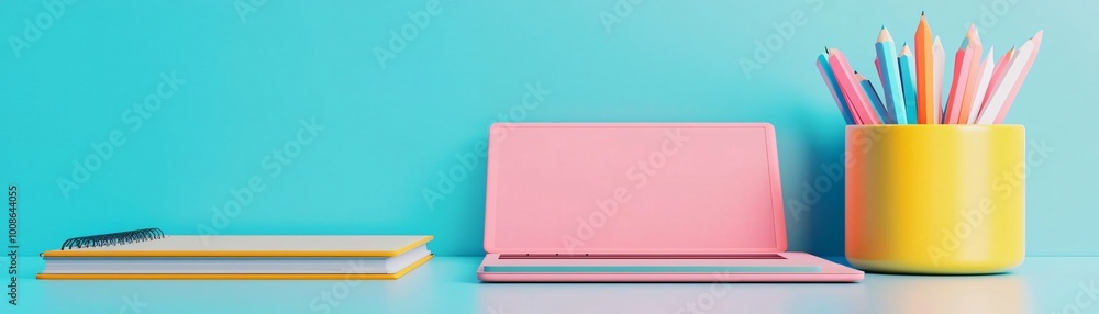 Fototapeta premium Vibrant workspace featuring colorful stationery, notebooks, and a pencil holder against a turquoise background.