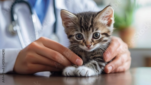 A cute kitten receiving care from a veterinarian, showcasing the bond between pets and animal health professionals. photo