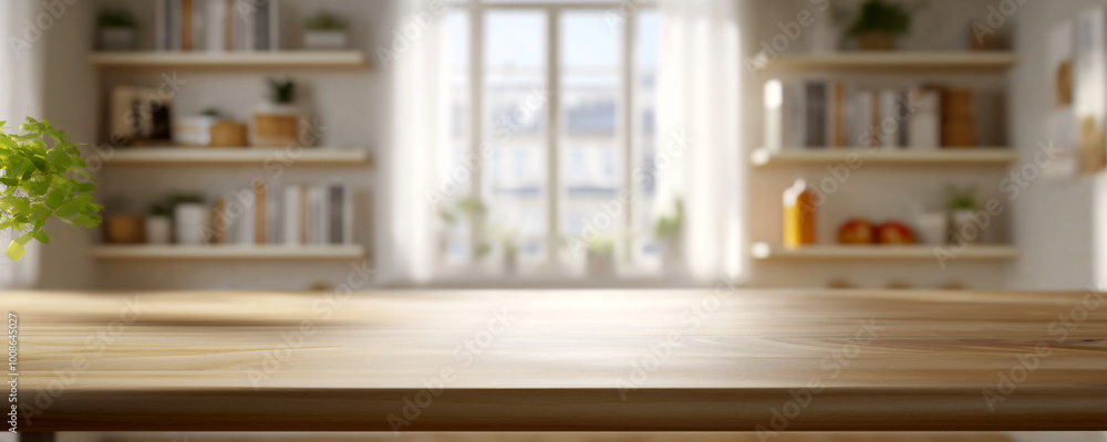 Empty wooden table top with blurred living room interior background. Space for product display and montage. Empty wooden table top with blurred living room interior background. Space for product display and montage.