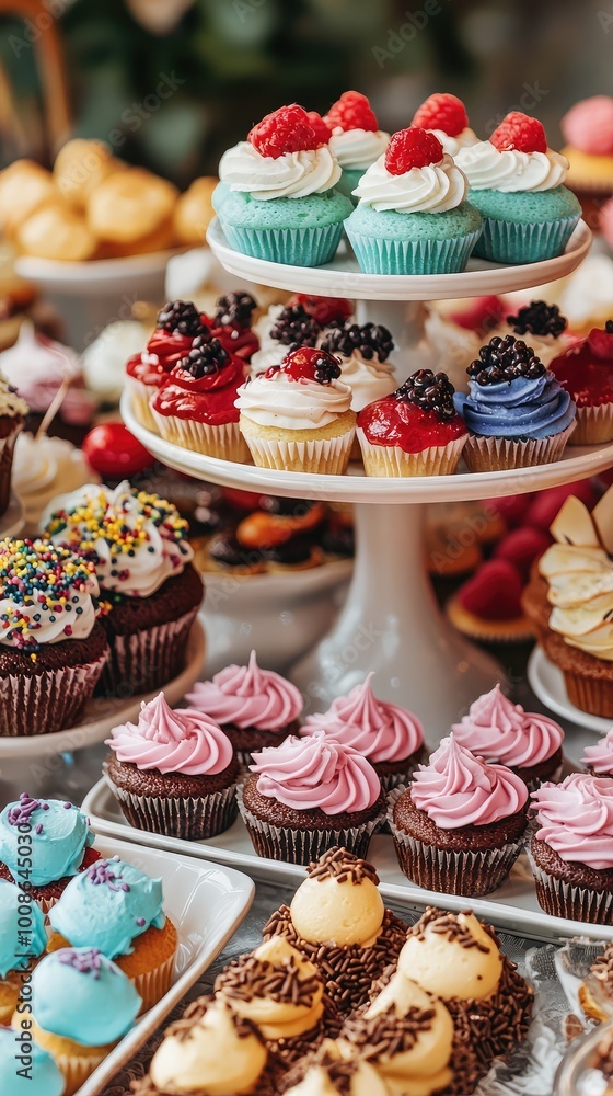 A delightful array of colorful cupcakes on a tiered stand, perfect for celebrations and sweet treats. A delightful array of colorful cupcakes on a tiered stand, perfect for celebrations and sweet treats.