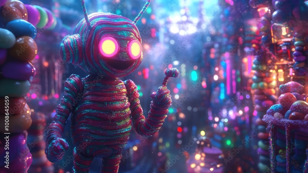 A colorful robot character stands in a vibrant, neon-lit candy world, surrounded by whimsical sweets and glowing lights. A colorful robot character stands in a vibrant, neon-lit candy world, surrounded by whimsical sweets and glowing lights.