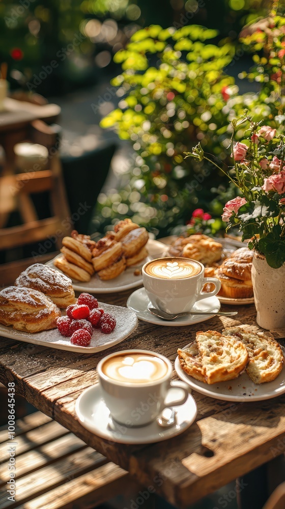 Fototapeta premium A delightful breakfast spread featuring coffee, pastries, berries, and flowers, perfect for a cozy outdoor morning.