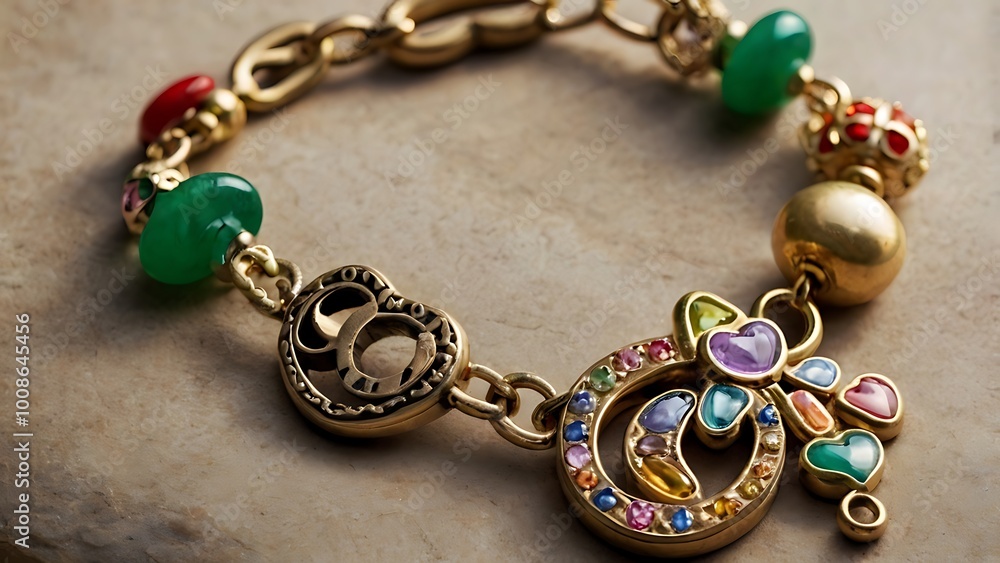 A close-up of a bracelet adorned with various lucky charms like horseshoes, clovers, and hearts, worn for good fortune and protection. A close-up of a bracelet adorned with various lucky charms like horseshoes, clovers, and hearts, worn for good fortune and protection.