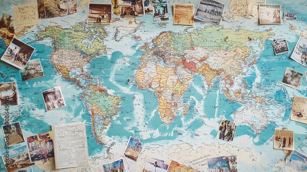 Naklejka premium A detailed world map adorned with colorful travel photos, capturing the essence of exploration and adventure.