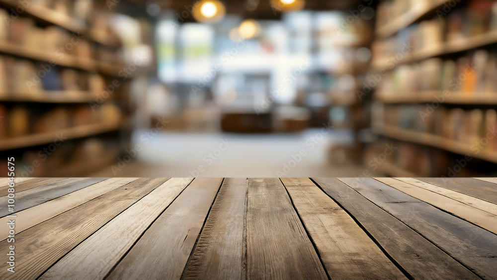 An old wooden table in front of bookshelves filled with books, blurred background An old wooden table in front of bookshelves filled with books, blurred background