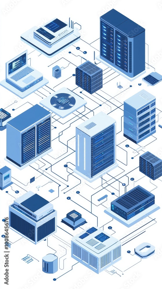 A digital illustration of a modern data center, featuring servers, computers, and networking elements in a blue color scheme. A digital illustration of a modern data center, featuring servers, computers, and networking elements in a blue color scheme.