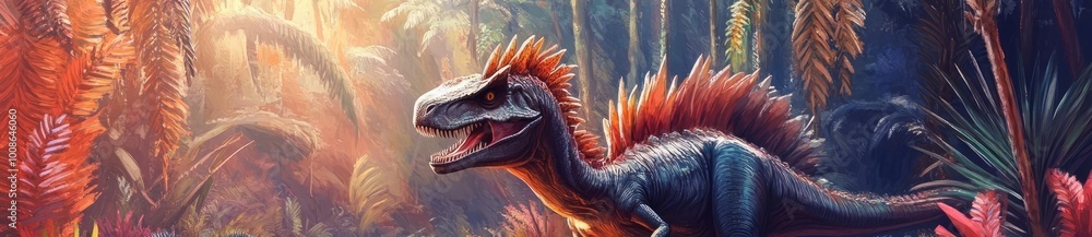 A vibrant dinosaur scene with lush foliage and a mystical atmosphere, showcasing prehistoric life in vivid colors. A vibrant dinosaur scene with lush foliage and a mystical atmosphere, showcasing prehistoric life in vivid colors.