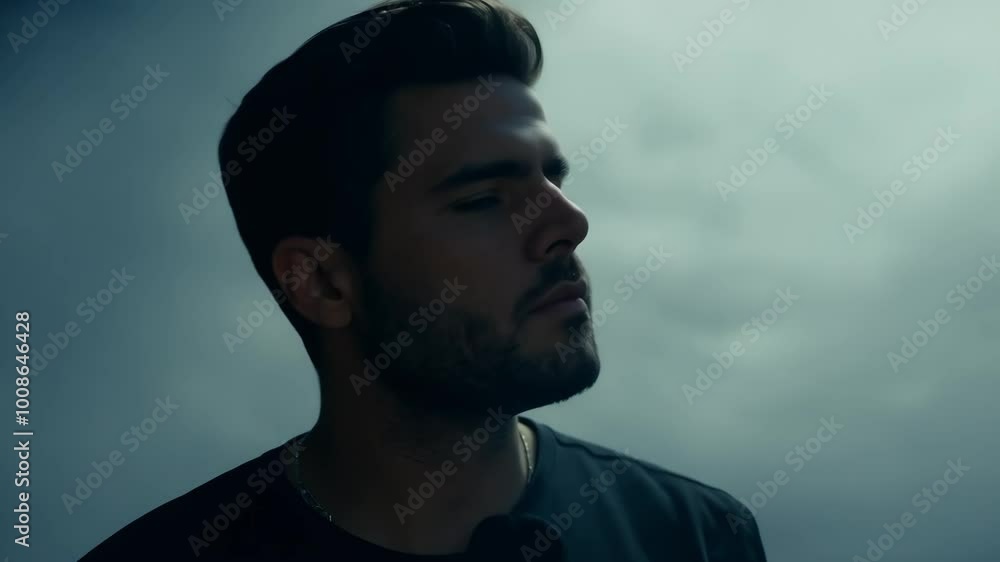 Pensive young man with beard in atmospheric lighting Pensive young man with beard in atmospheric lighting