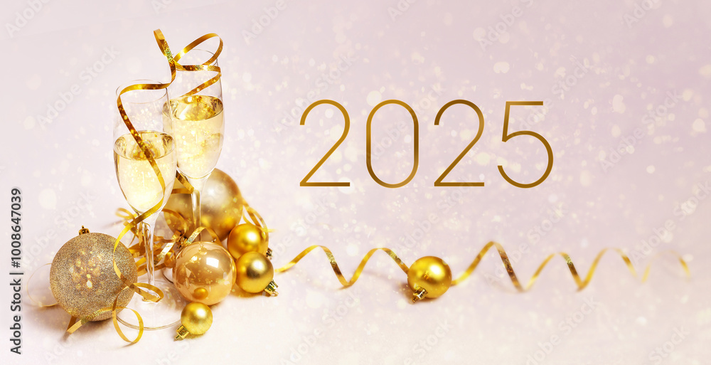 Congratulations on the New Year 2025. 2 glasses of champagne, golden streamers and golden Christmas balls on a pink background