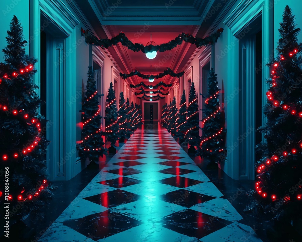 Fototapeta premium A festive hallway adorned with illuminated Christmas trees and vibrant decorations, capturing the holiday spirit in striking colors.