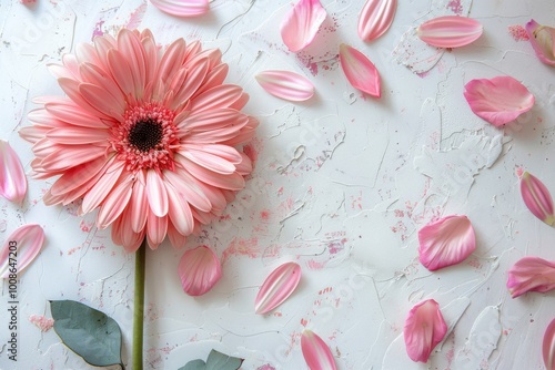 Modern flat lay with a pink flower and petals spread out on a white surface